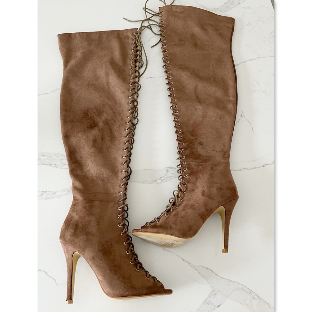 Thigh High Boots Heeled Laced Peep Toe Light Brown